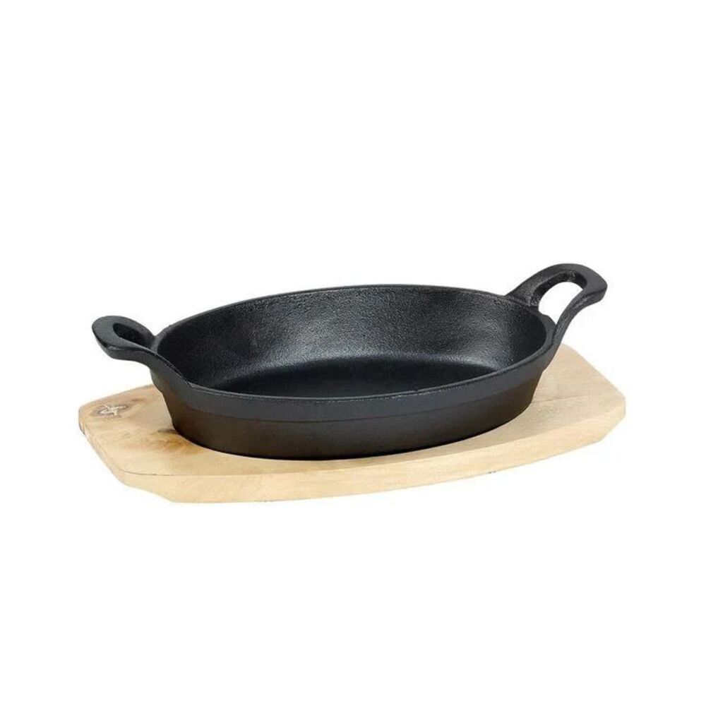 Basic Essentials 2 Piece Pre Seasoned Cast Iron Oval Sizzler Set W/ A Wood Tray